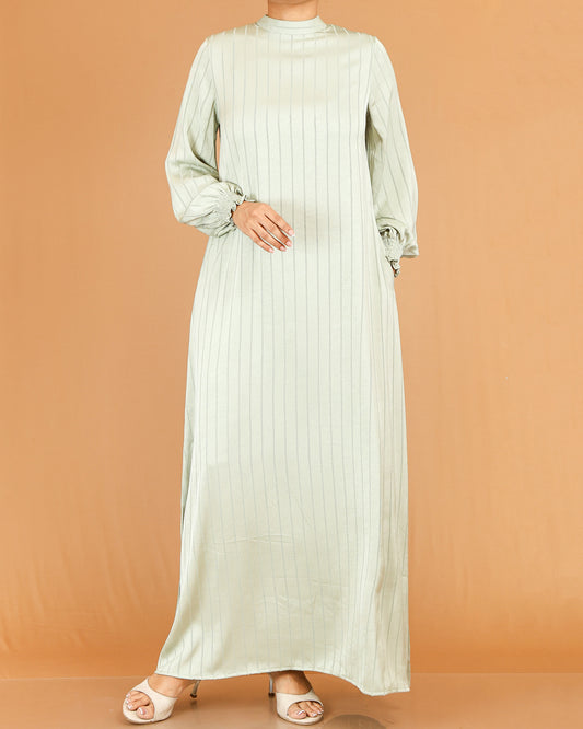 Sage Green Textured Stripe Abaya with Gathered Sleeves