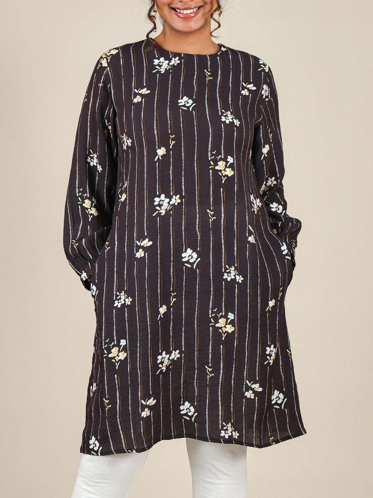 Fiora Dark Brown Floral Stripe Top