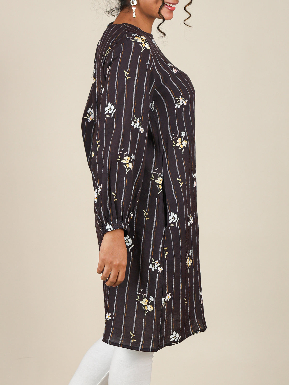 Fiora Dark Brown Floral Stripe Top