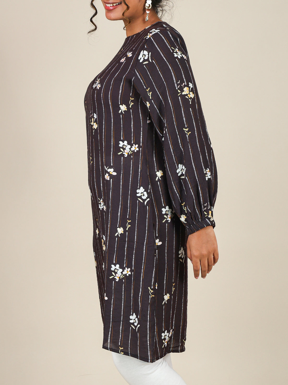 Fiora Dark Brown Floral Stripe Top