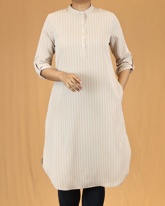 Sandstone Pinstripe Mandarin Midi Top