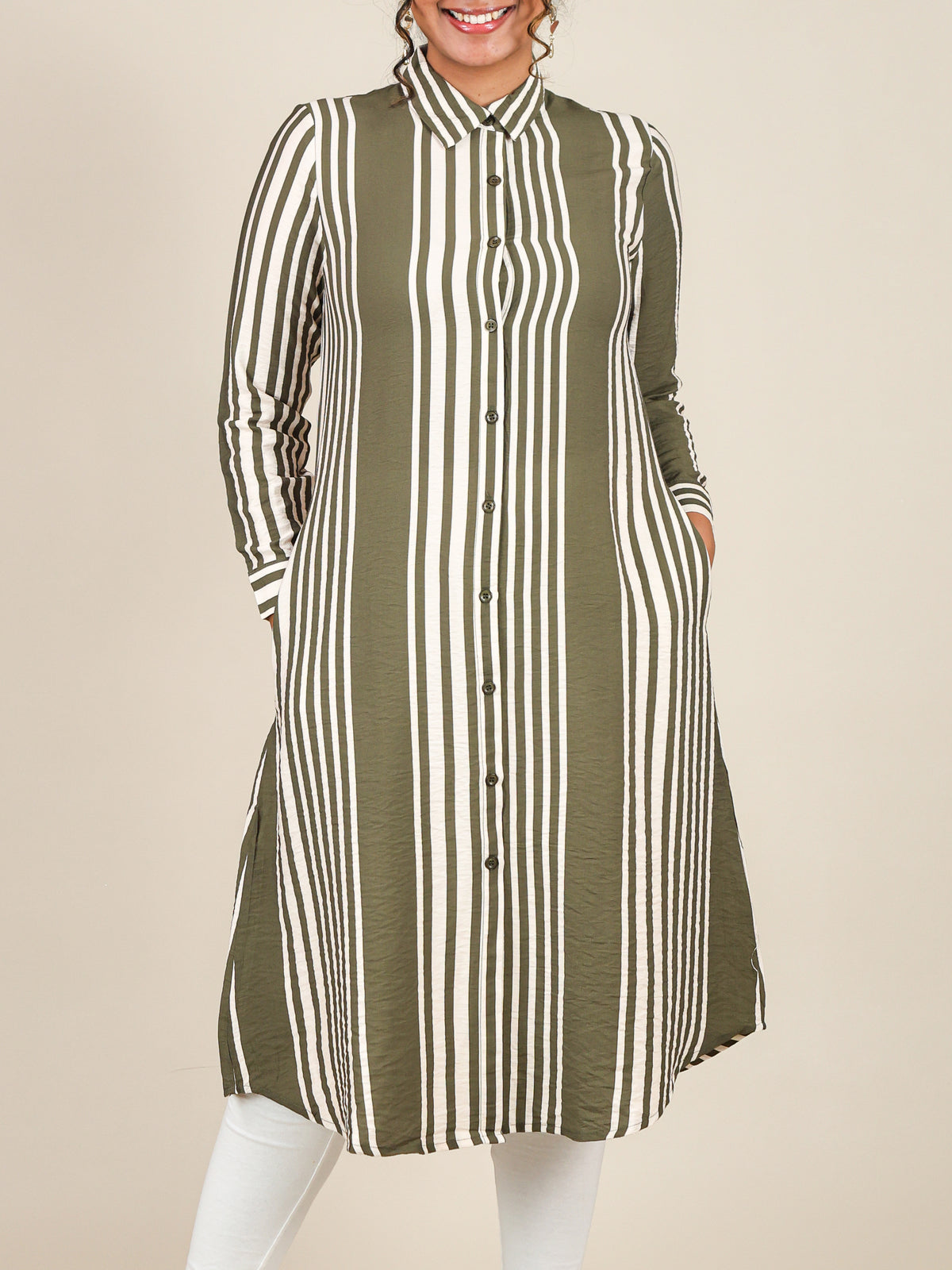 Elara Olive Stripe Button Front Top