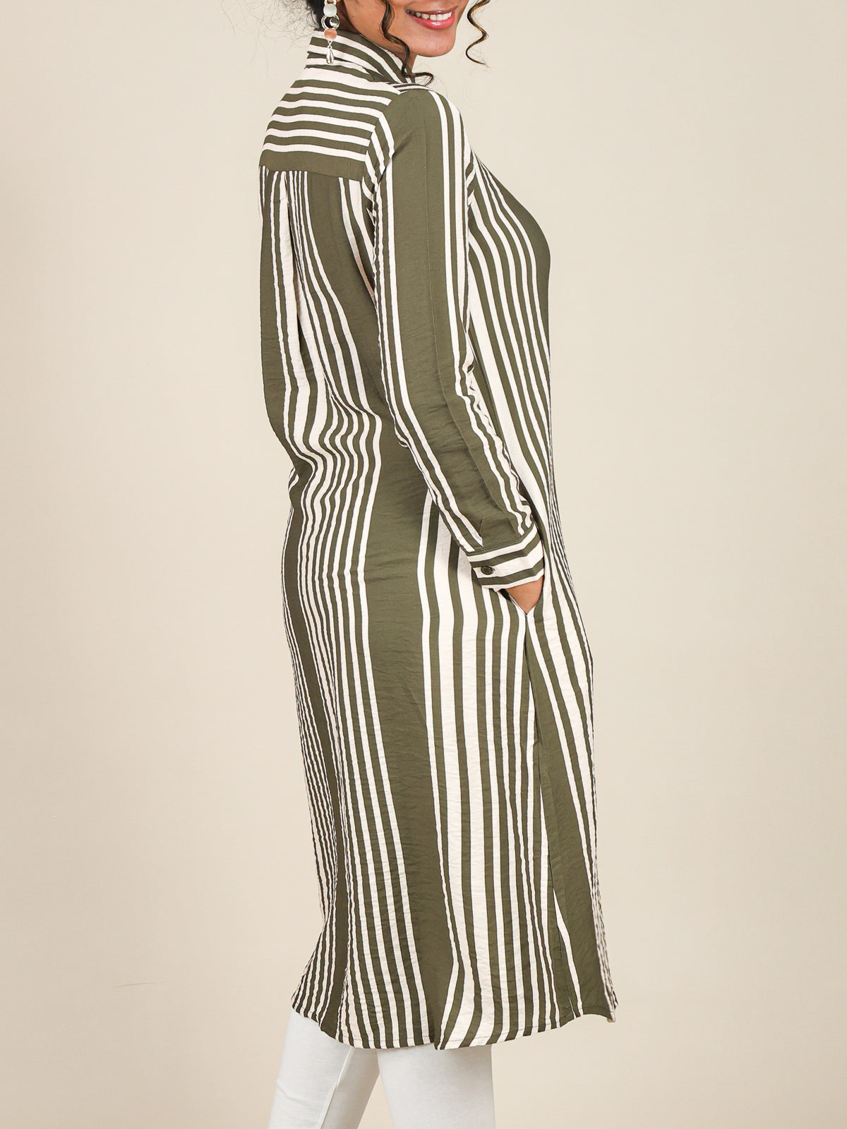 Elara Olive Stripe Button Front Top