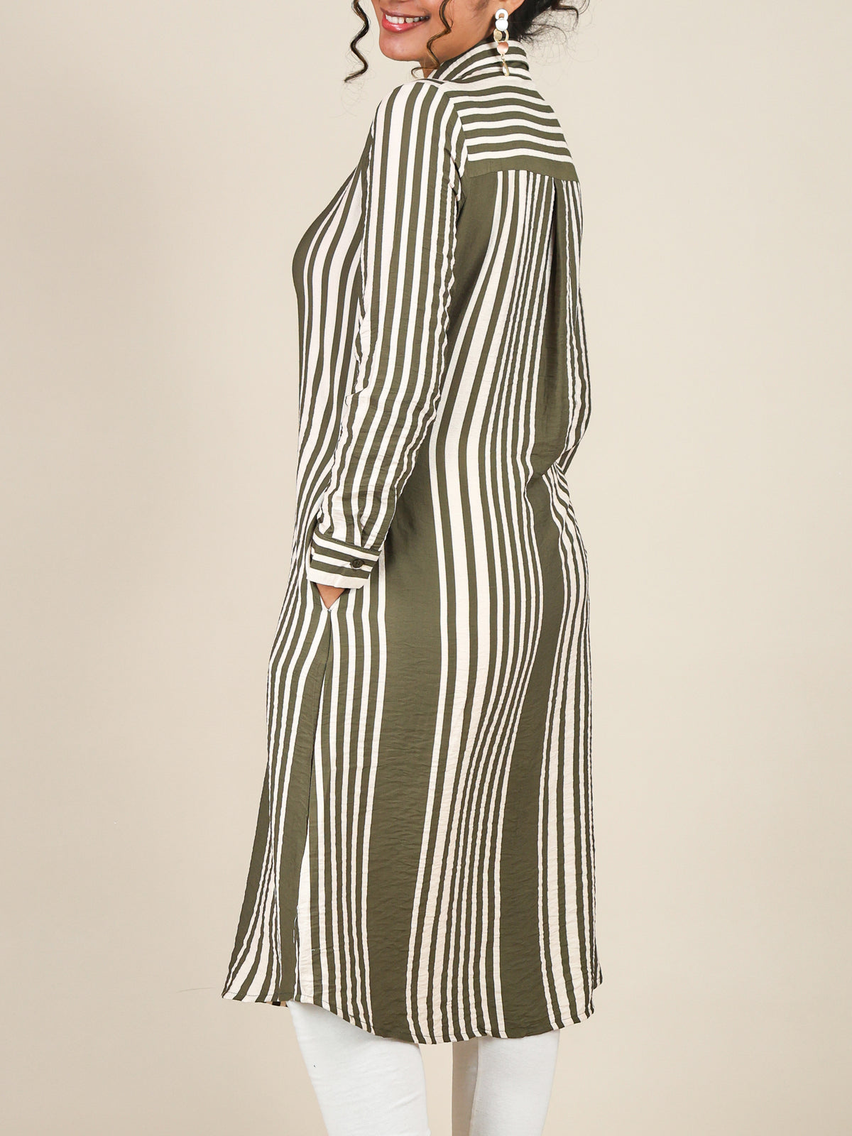 Elara Olive Stripe Button Front Top