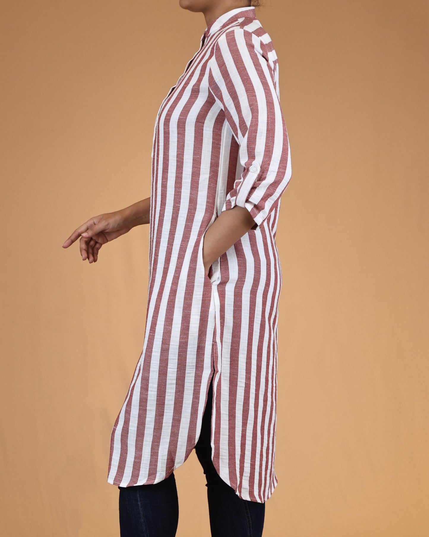 Dusty Rose Striped Buttoned Top with Roll Up Sleeves