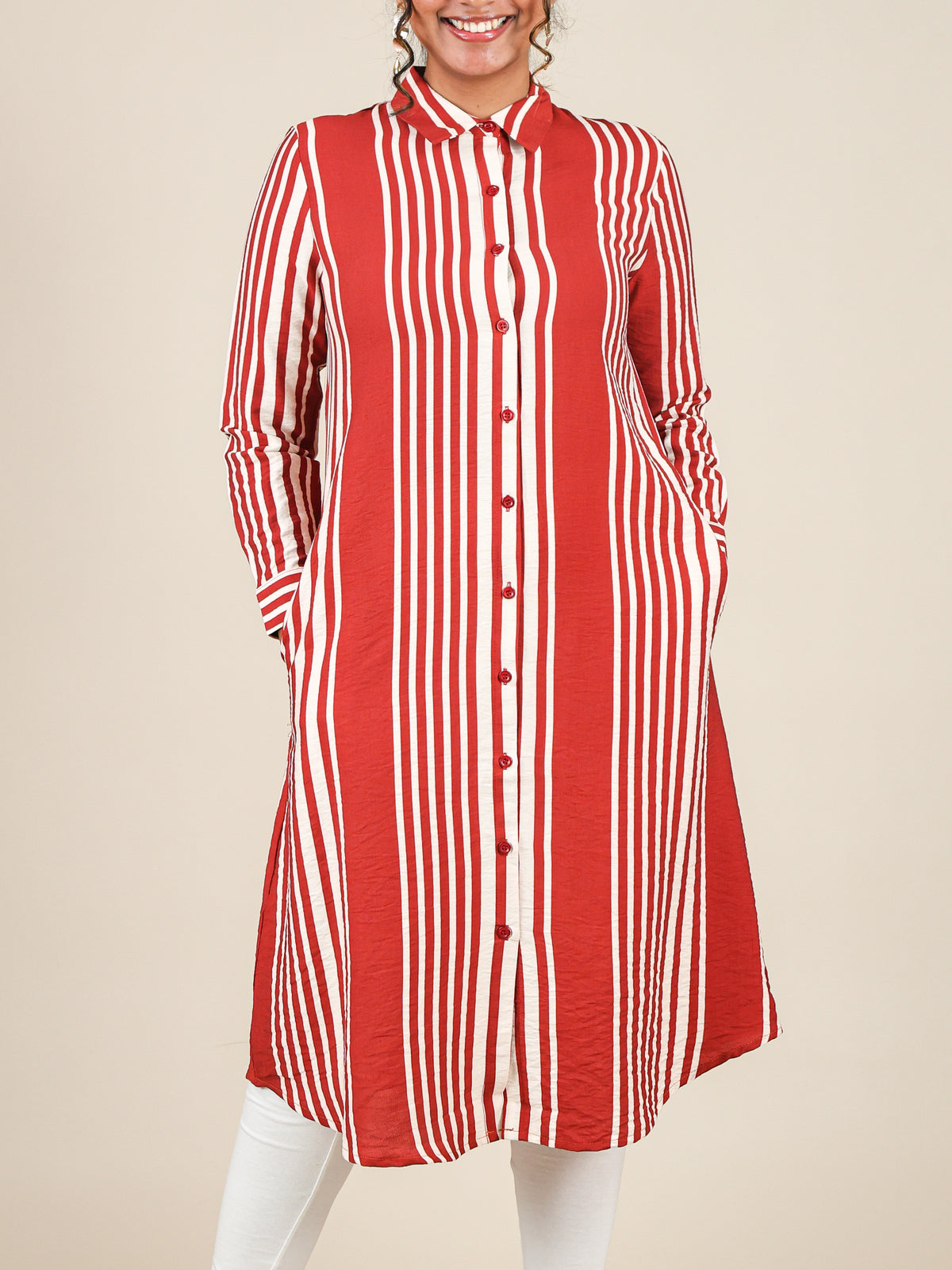 Elara Red Stripe Button Front Top