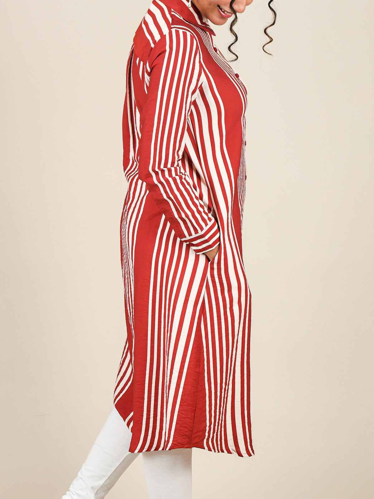 Elara Red Stripe Button Front Top