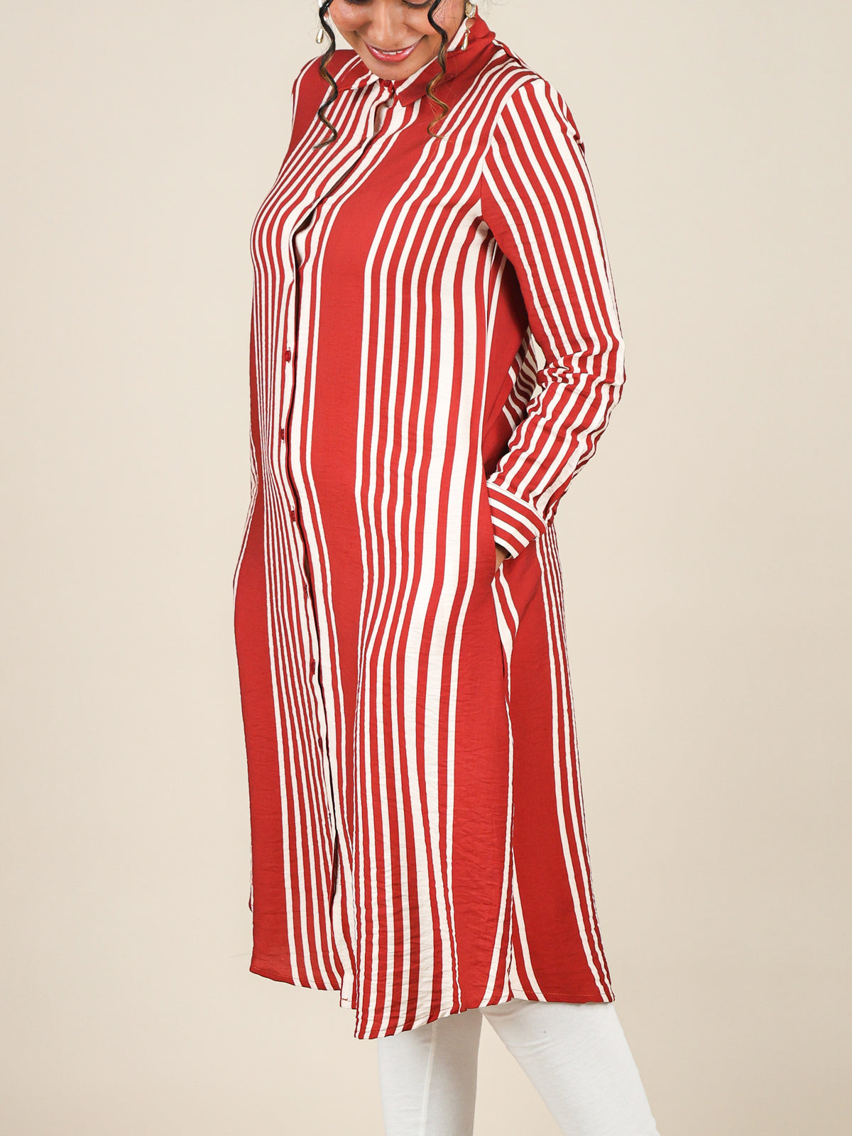 Elara Red Stripe Button Front Top