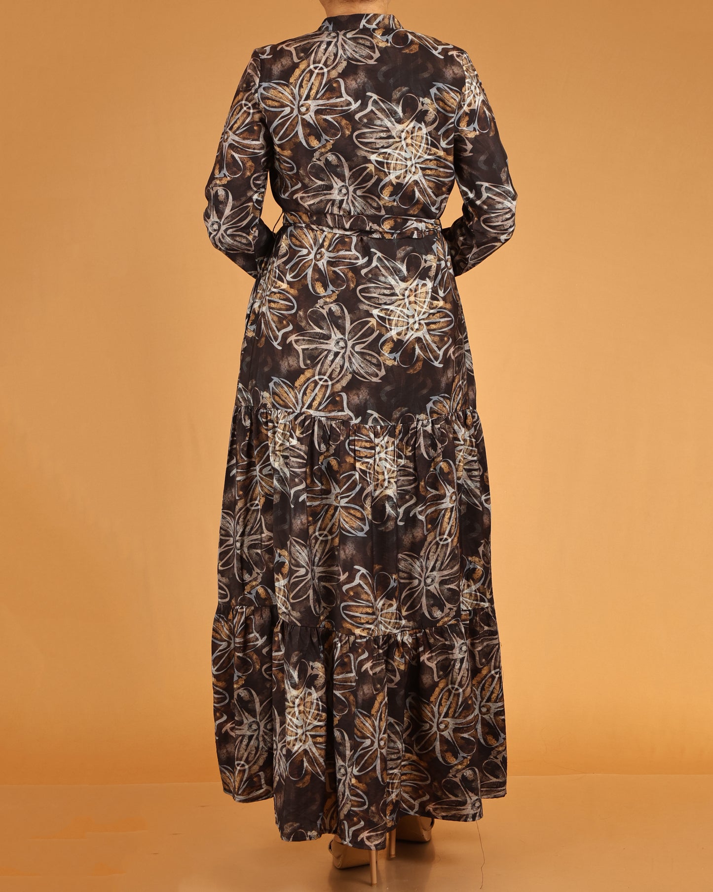 Mocha Ember Floral Maxi with Waist Tie Belt