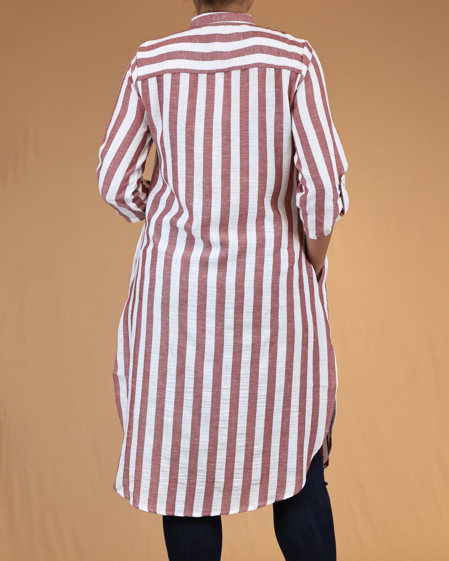 Dusty Rose Striped Buttoned Top with Roll Up Sleeves
