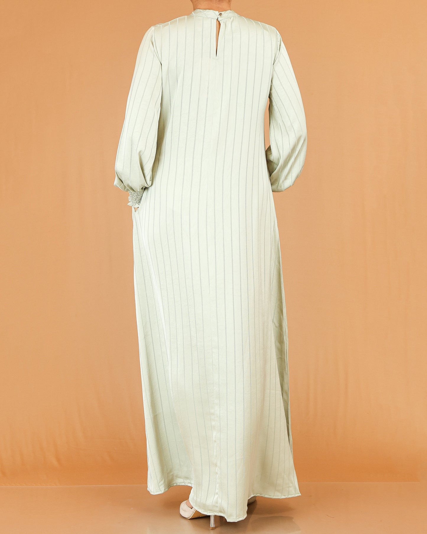 Sage Green Textured Stripe Abaya with Gathered Sleeves