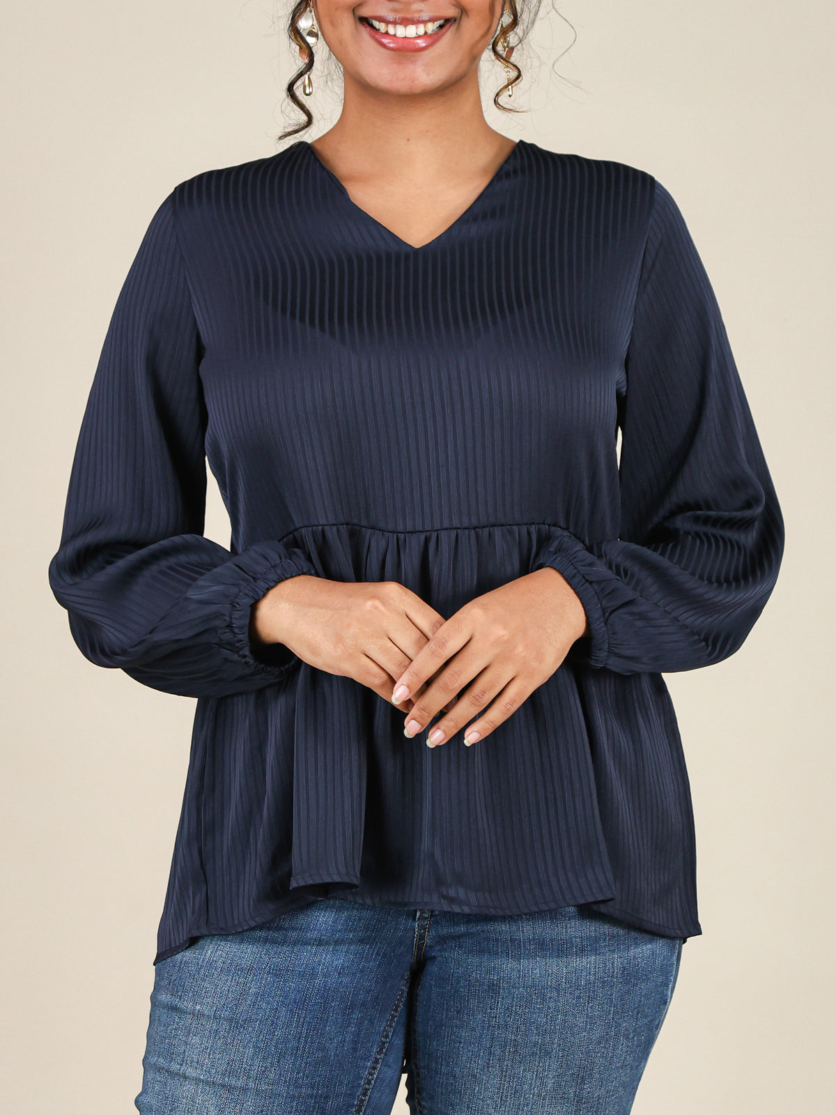 Elina Navy Blue Self Stripe Peplum Top