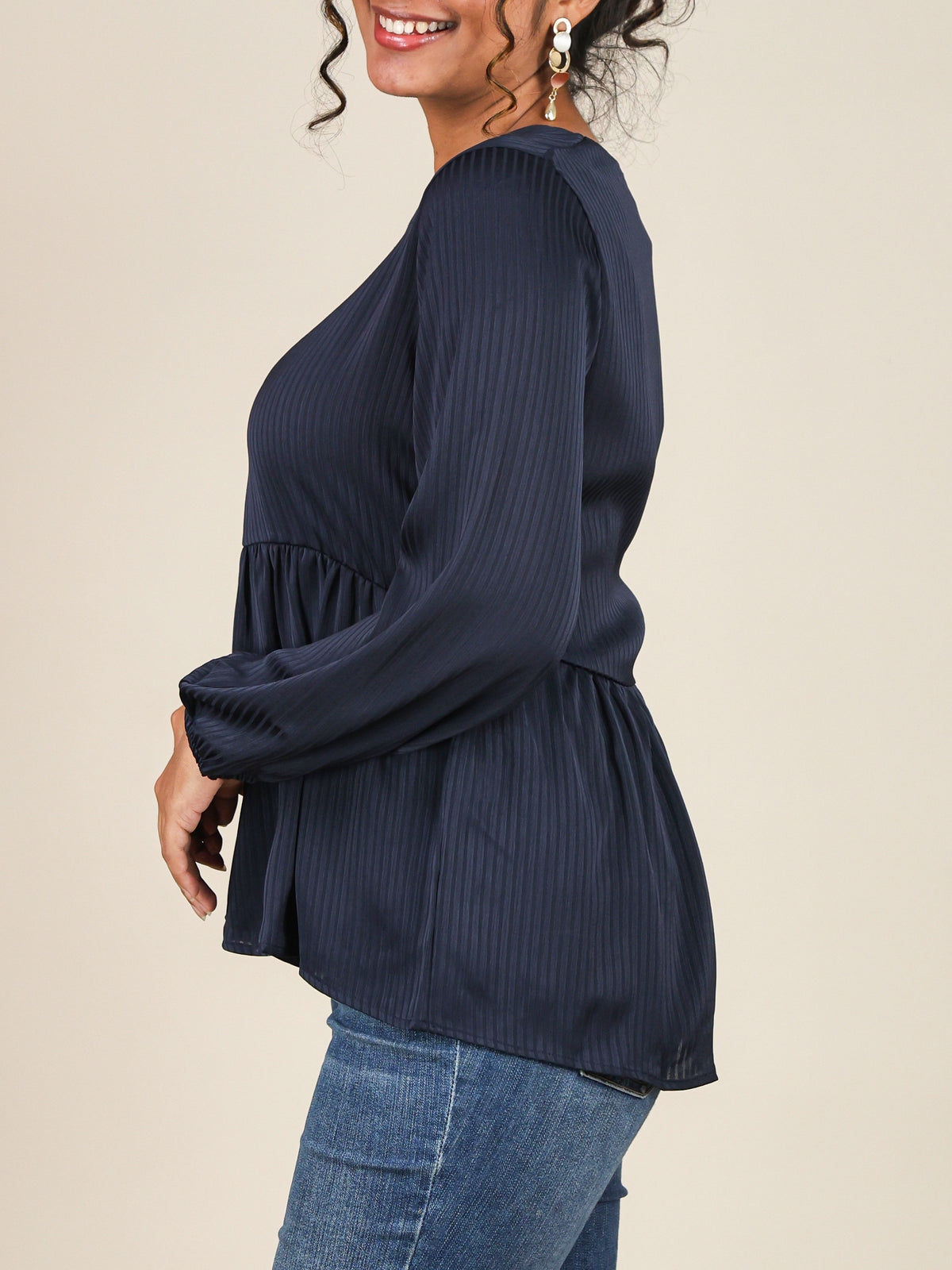Elina Navy Blue Self Stripe Peplum Top