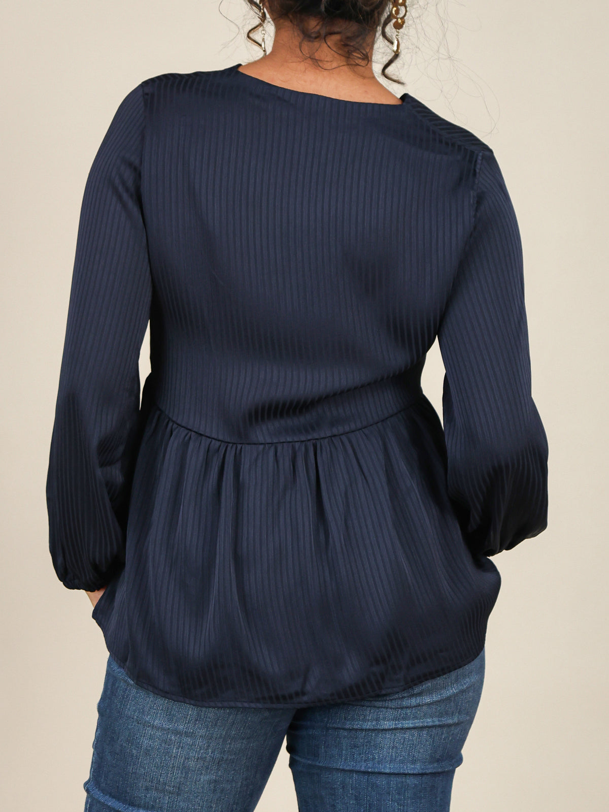 Elina Navy Blue Self Stripe Peplum Top