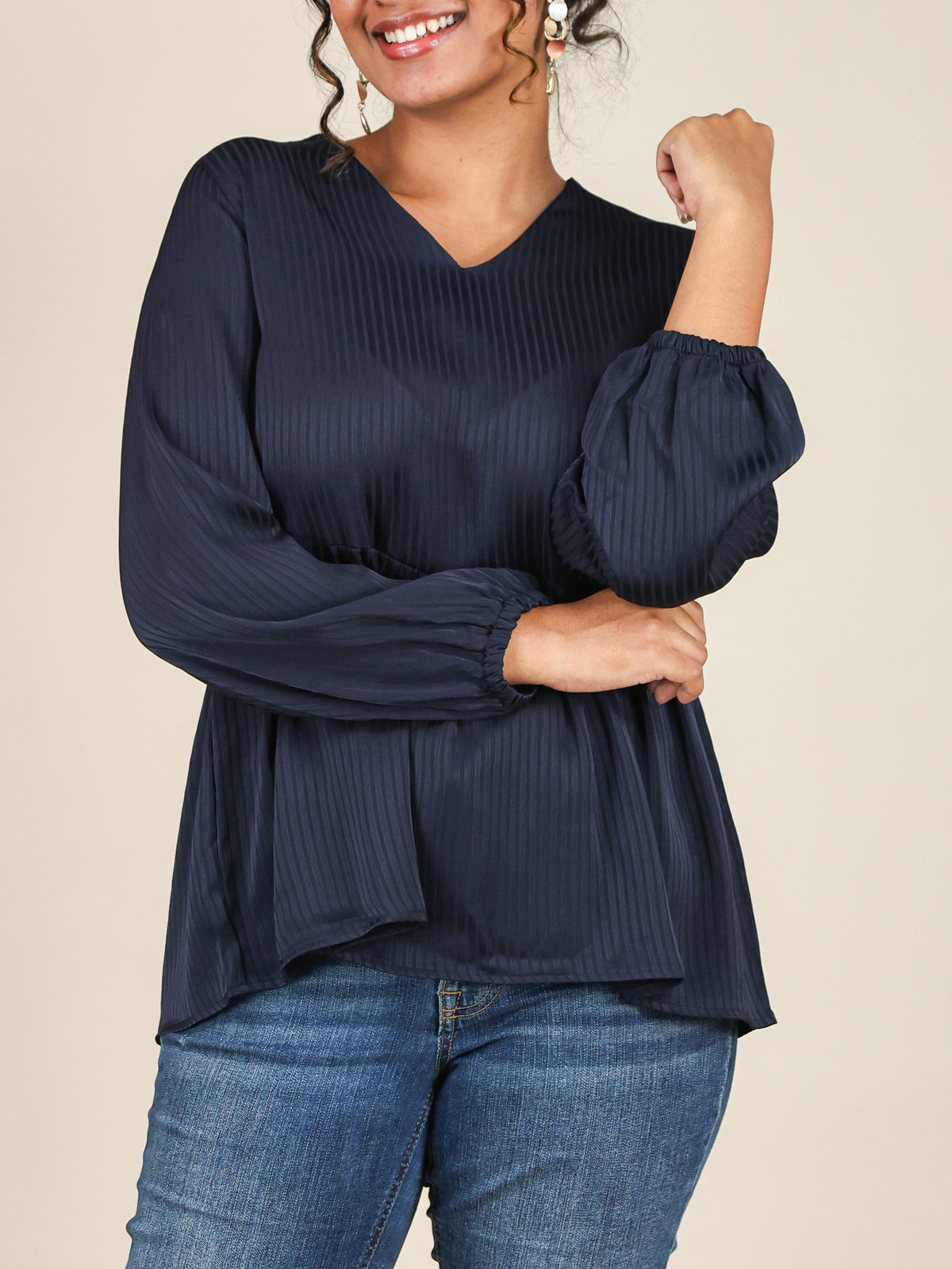 Elina Navy Blue Self Stripe Peplum Top