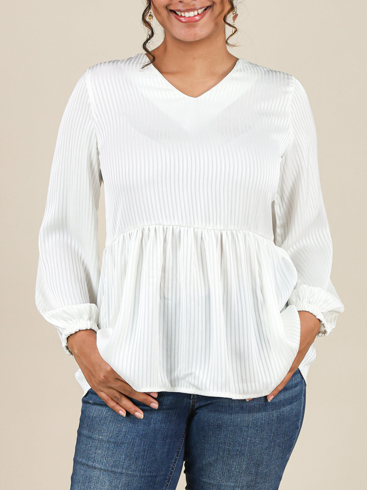 Elina White Self Stripe Peplum Top