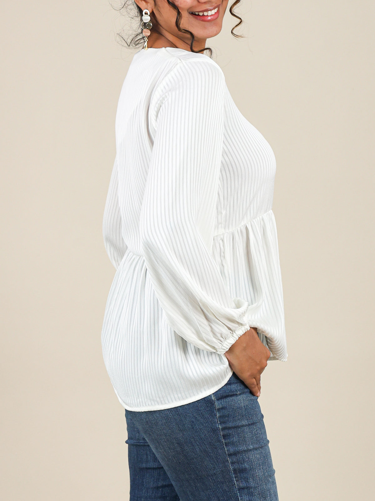 Elina White Self Stripe Peplum Top