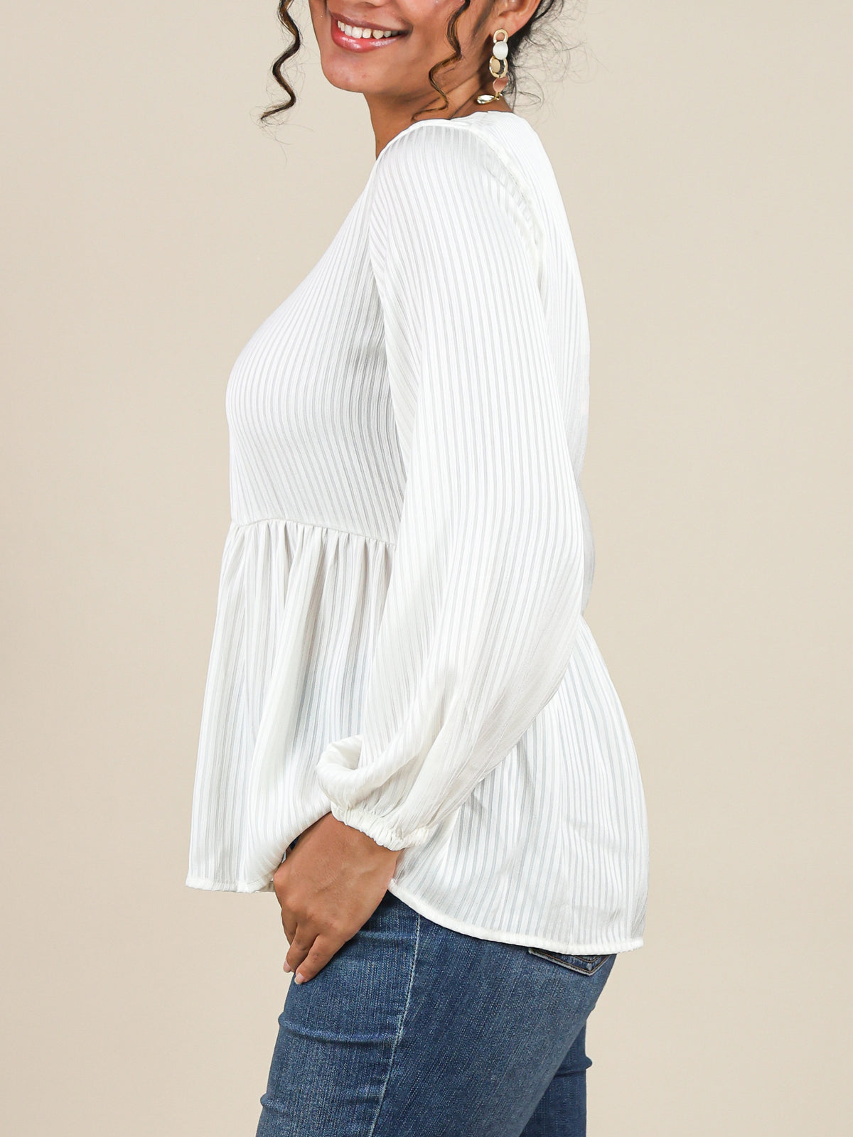 Elina White Self Stripe Peplum Top