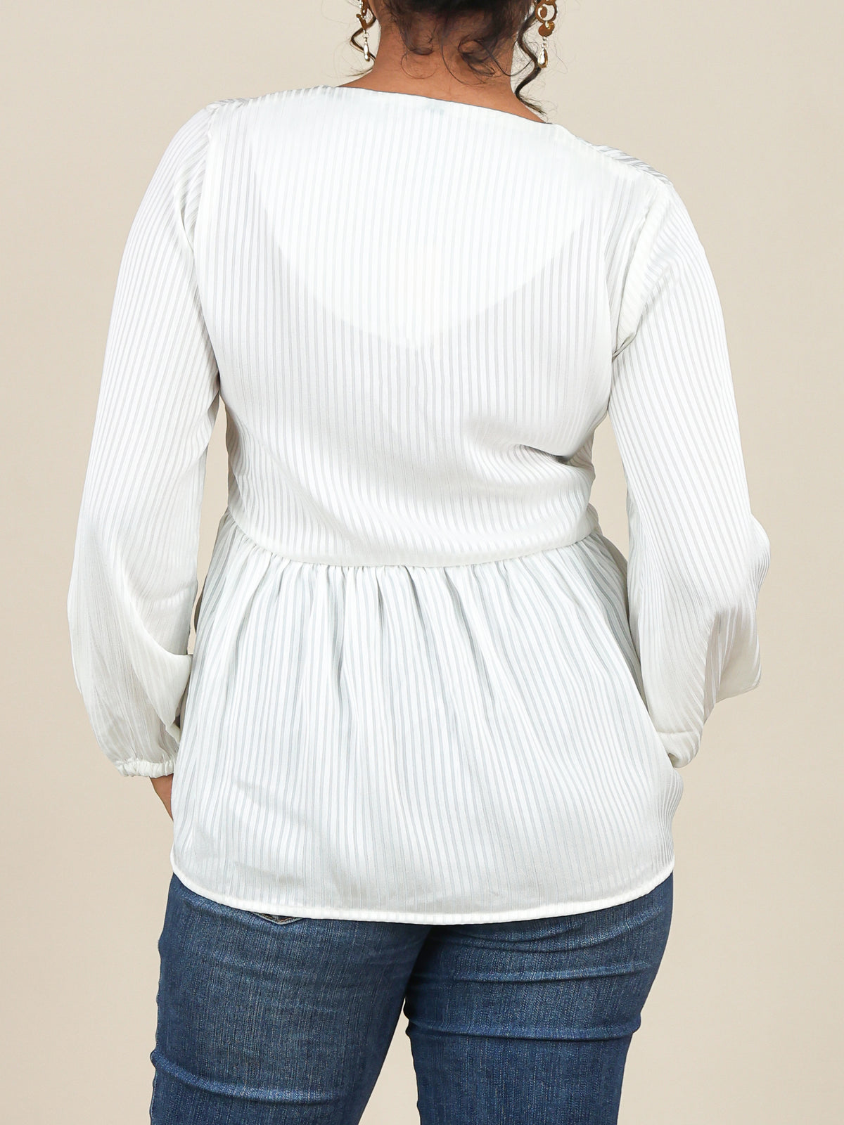 Elina White Self Stripe Peplum Top