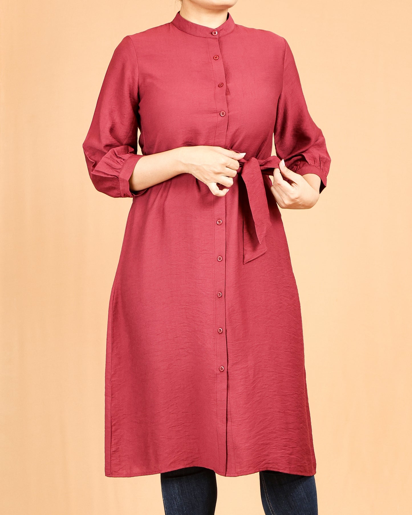 Brick Red Mandarin Collar Button-Down Shirt Dress with Waist Tie Belt
