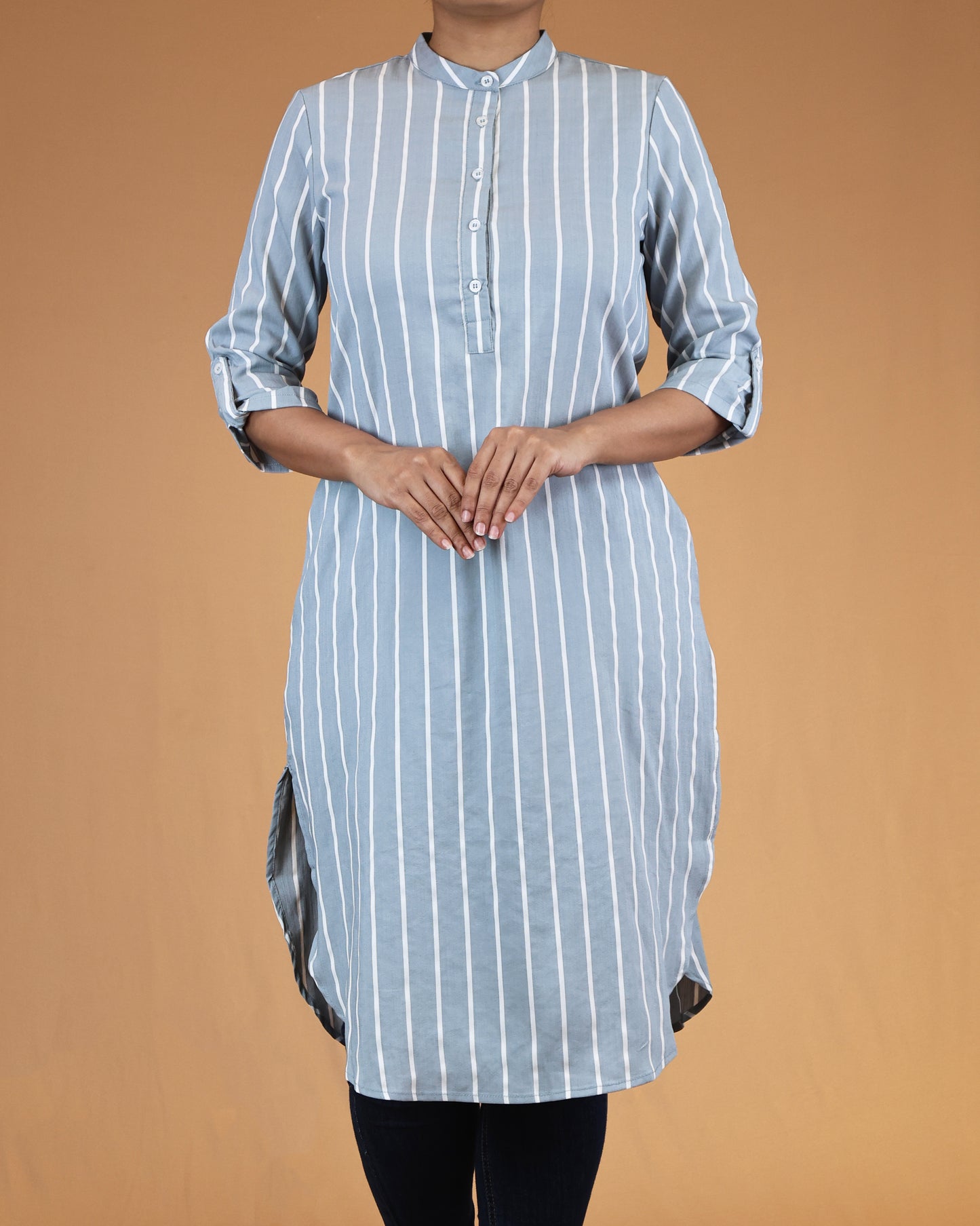 Dusty Blue Striped Buttoned Top with Roll Up Sleeves