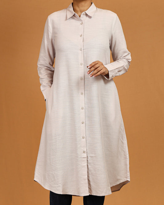 Classic Button-Down Shirt Midi Dress – Soft Beige