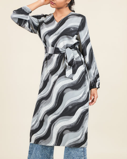 Ash Noir Wave Print Belted Top