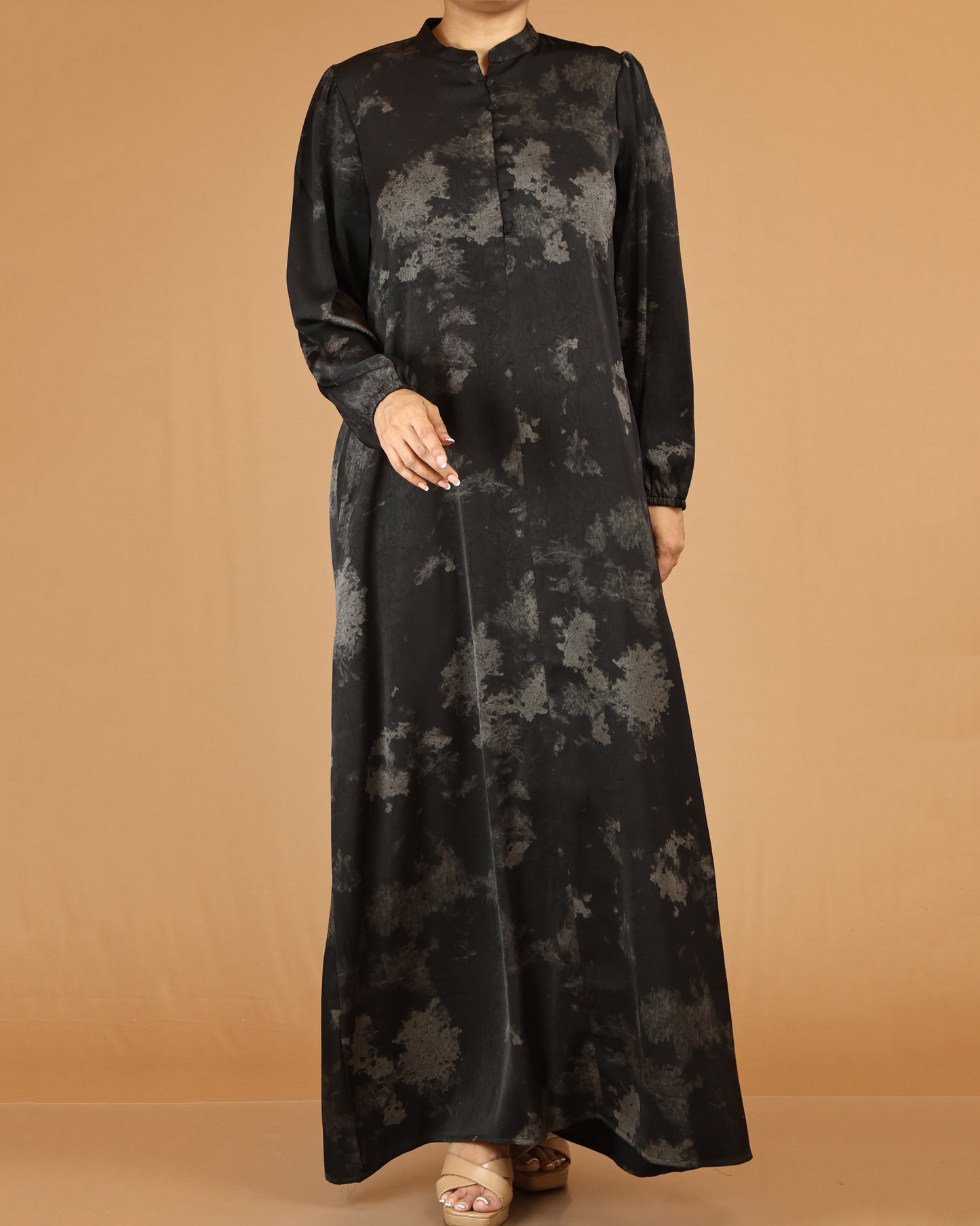 Black Abstract Wash Print Abaya with Button Detail