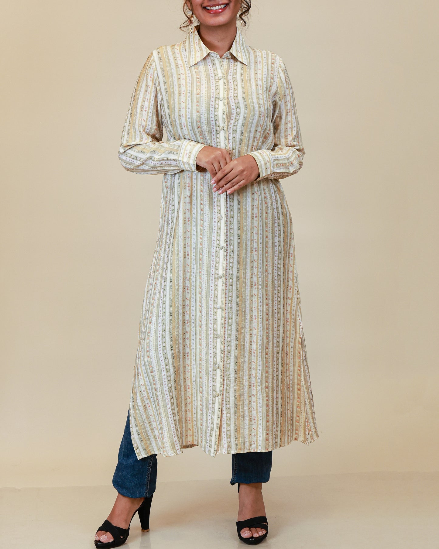Ivory Sage Stripe Shirt Dress