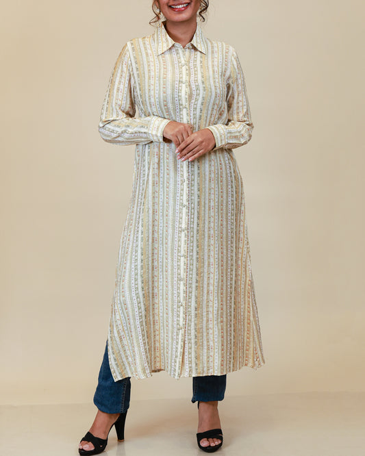 Ivory Sage Stripe Shirt Dress
