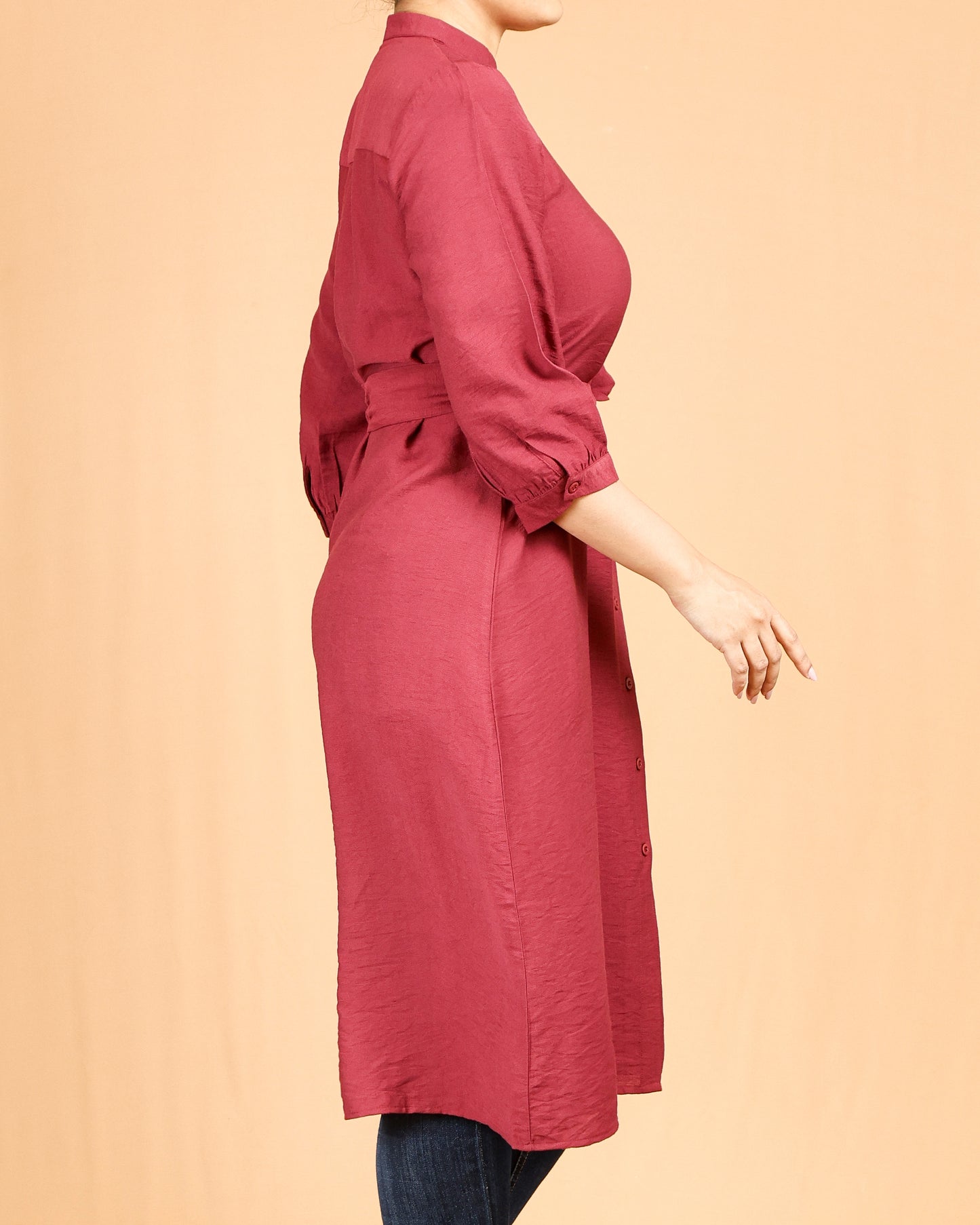 Brick Red Mandarin Collar Button-Down Shirt Dress with Waist Tie Belt