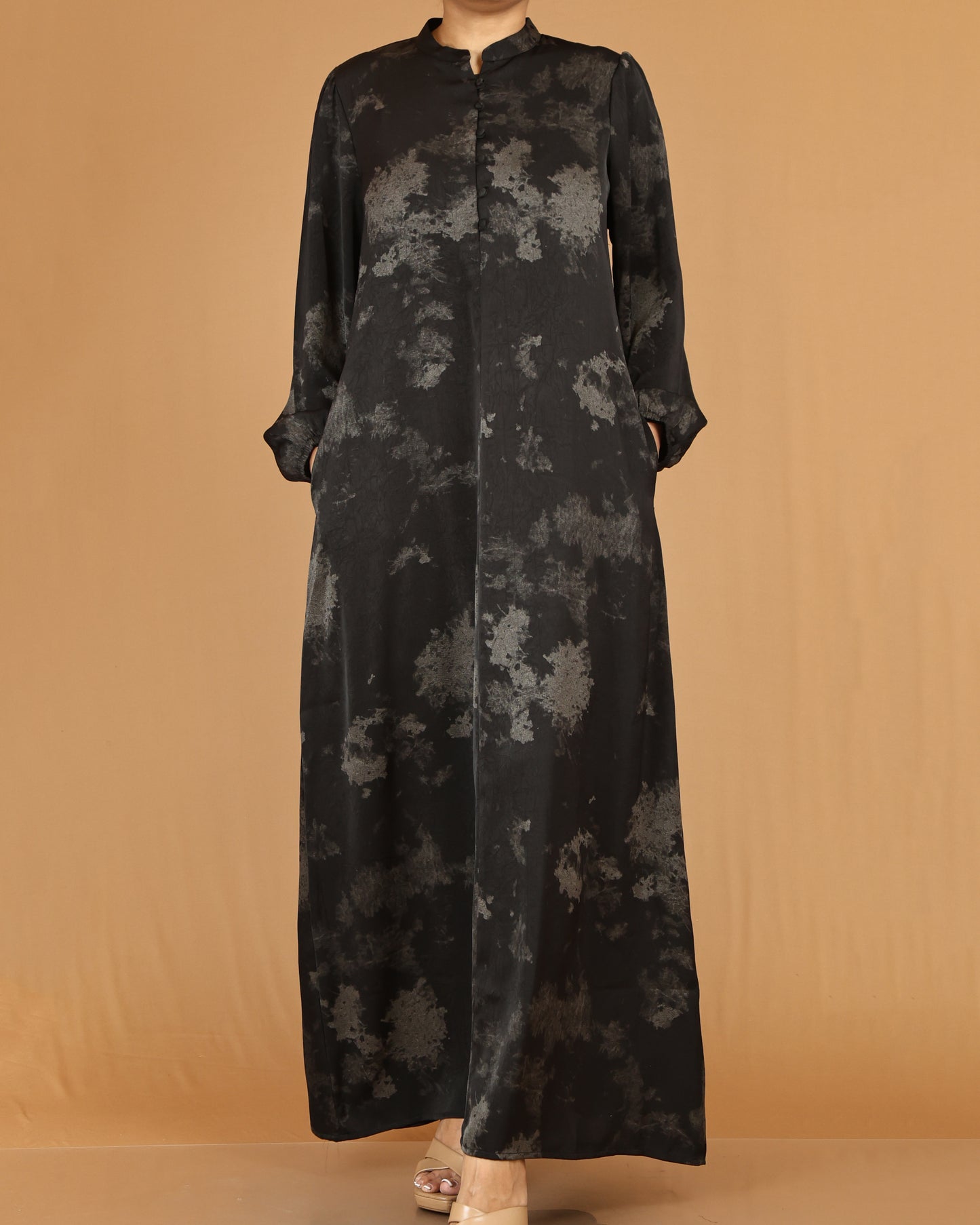 Black Abstract Wash Print Abaya with Button Detail