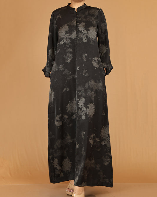 Black Abstract Wash Print Abaya with Button Detail