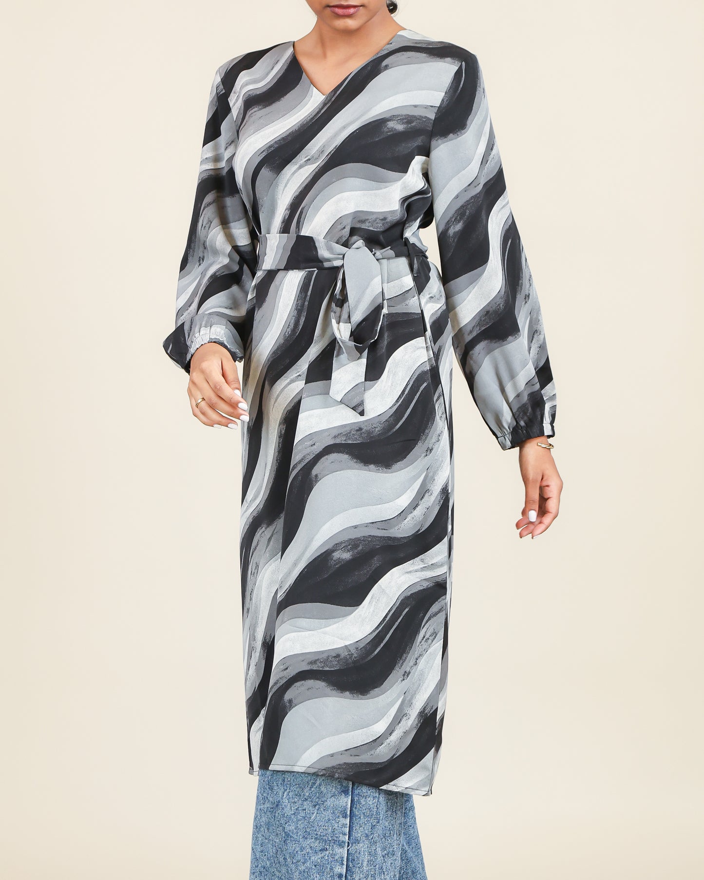 Ash Noir Wave Print Belted Top