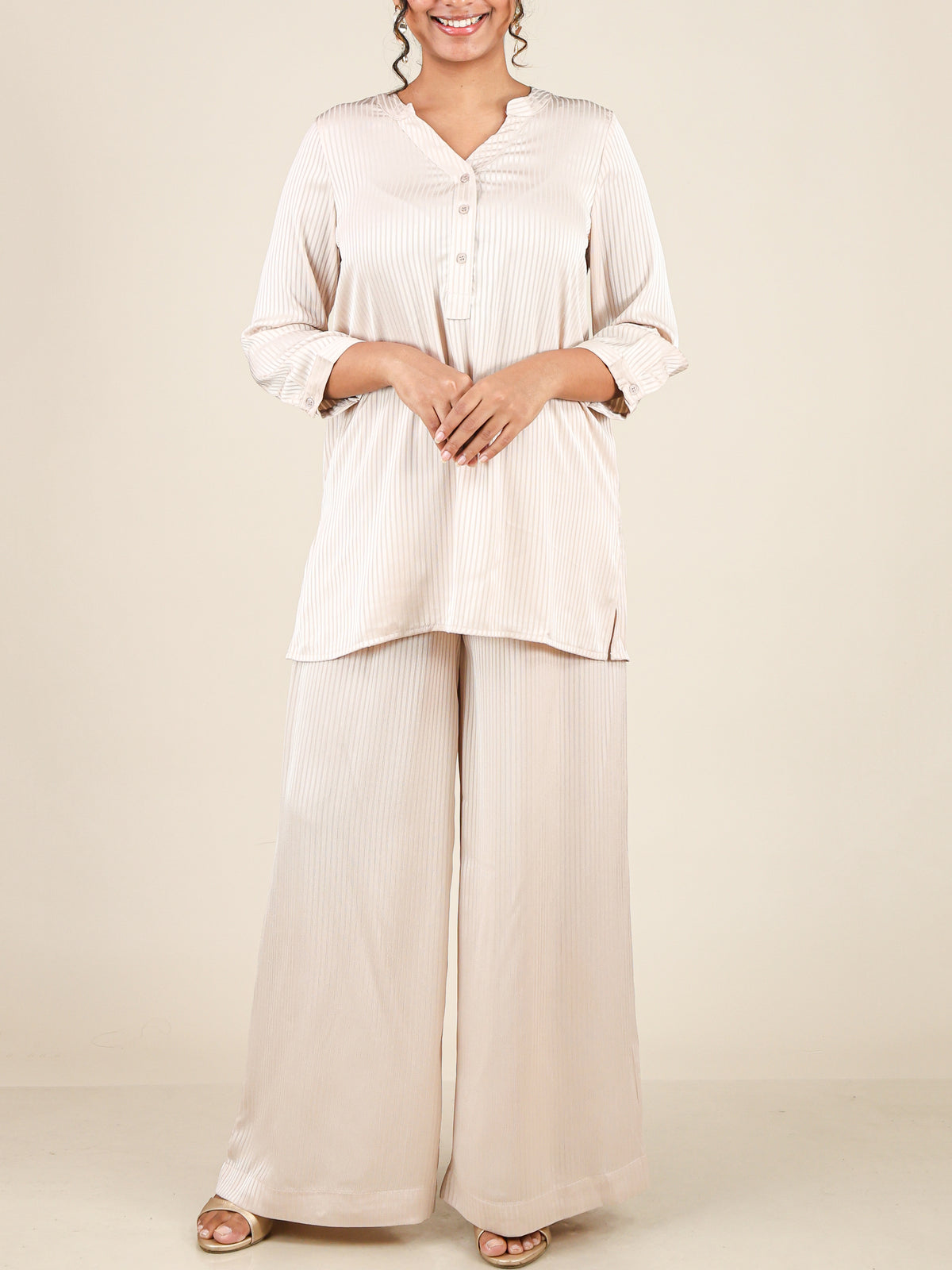 Nivelle Soft Beige Self Stripe Co-Ord Set