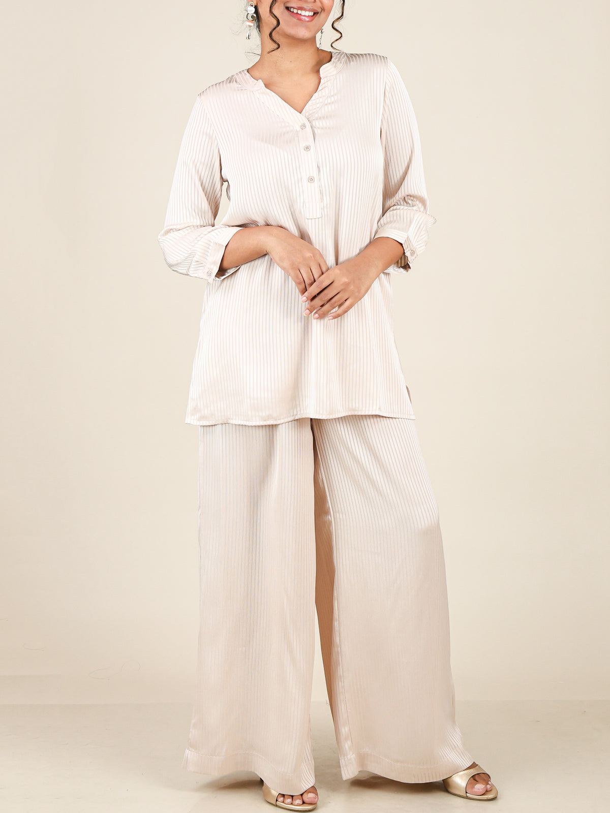 Nivelle Soft Beige Self Stripe Co-Ord Set