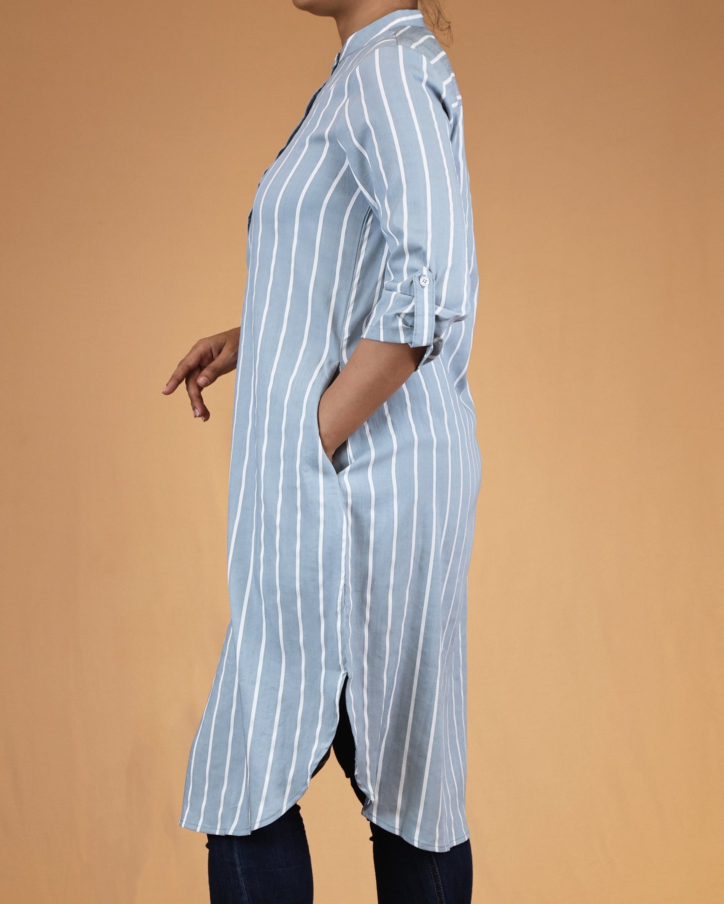 Dusty Blue Striped Buttoned Top with Roll Up Sleeves