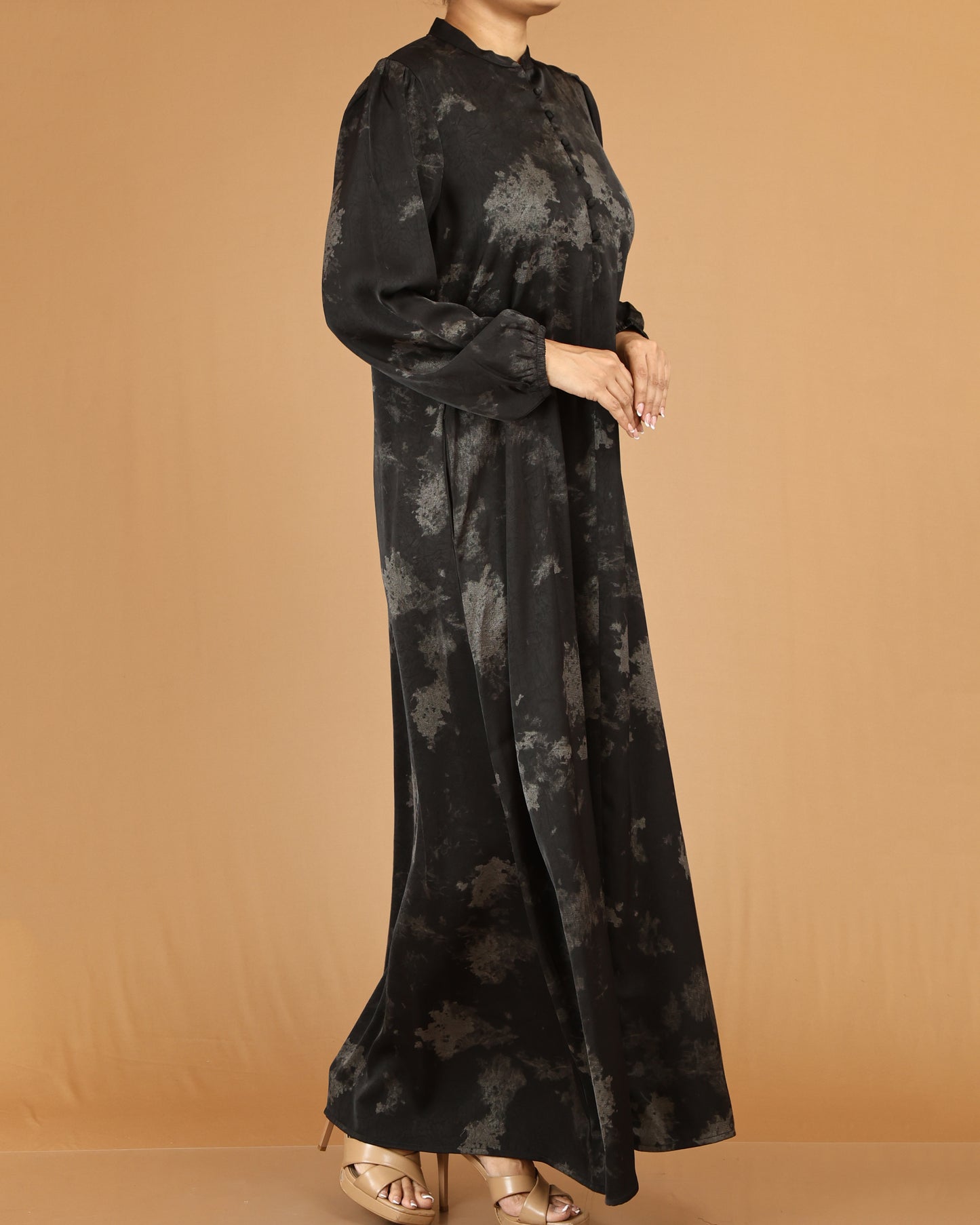 Black Abstract Wash Print Abaya with Button Detail