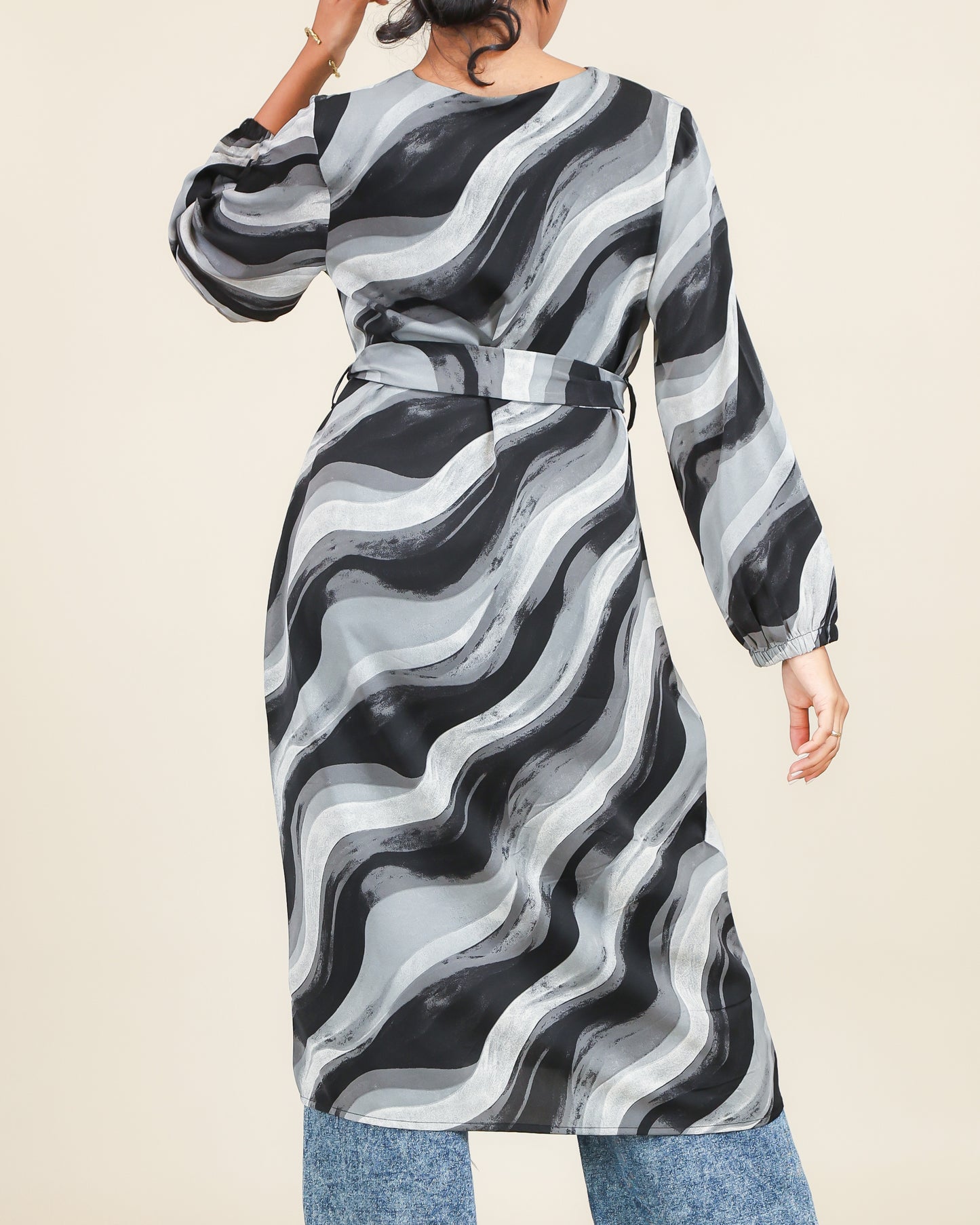Ash Noir Wave Print Belted Top