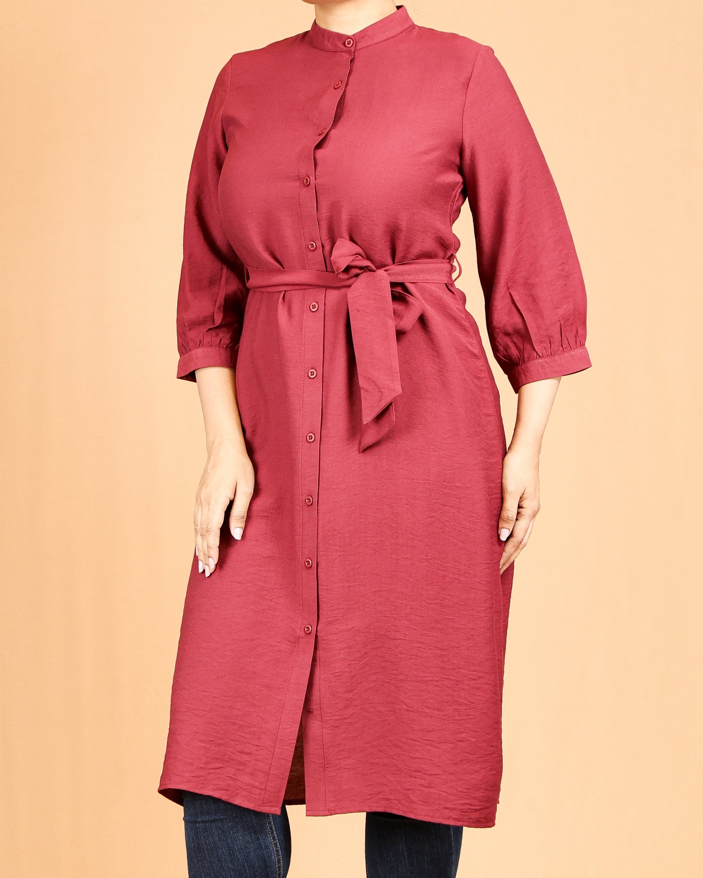 Brick Red Mandarin Collar Button-Down Shirt Dress with Waist Tie Belt