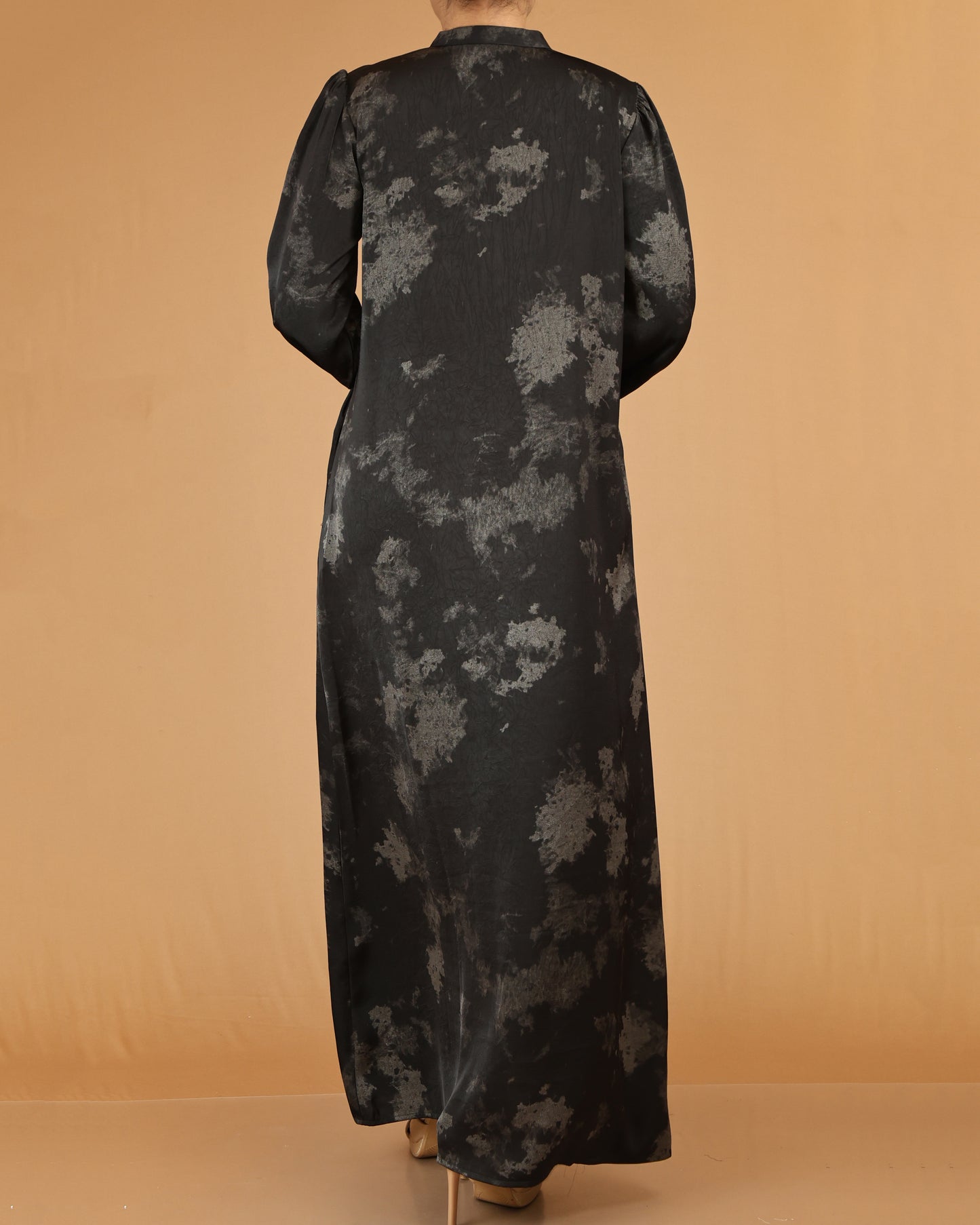Black Abstract Wash Print Abaya with Button Detail