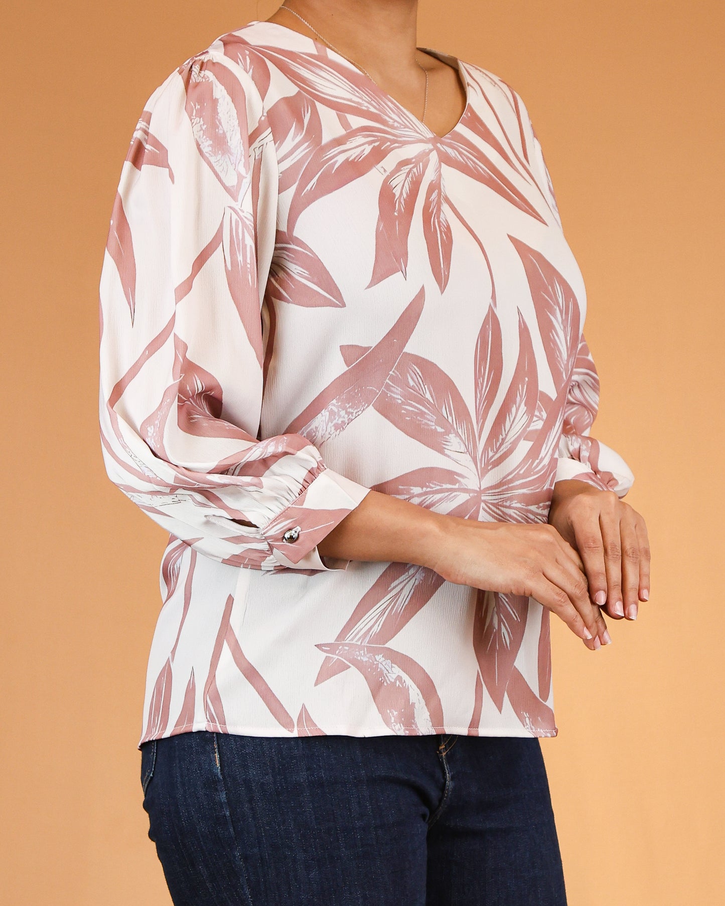 Blush Leaf-Print Long Sleeve Top