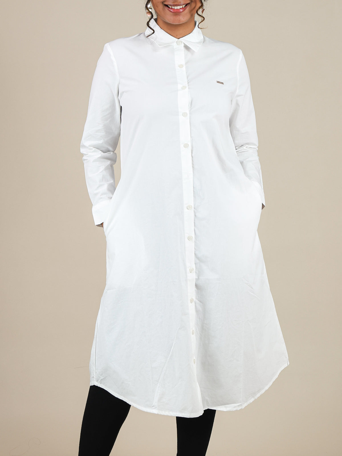 Celestia White Button Front Shirt Dress