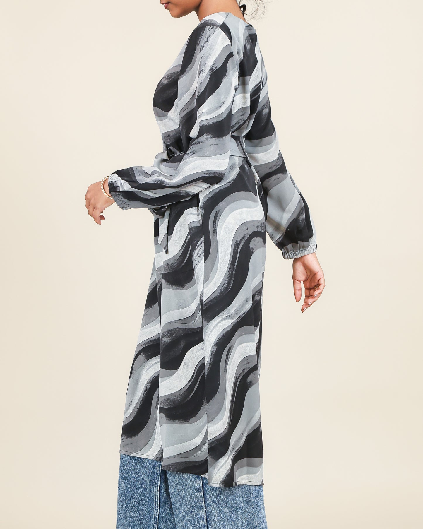 Ash Noir Wave Print Belted Top