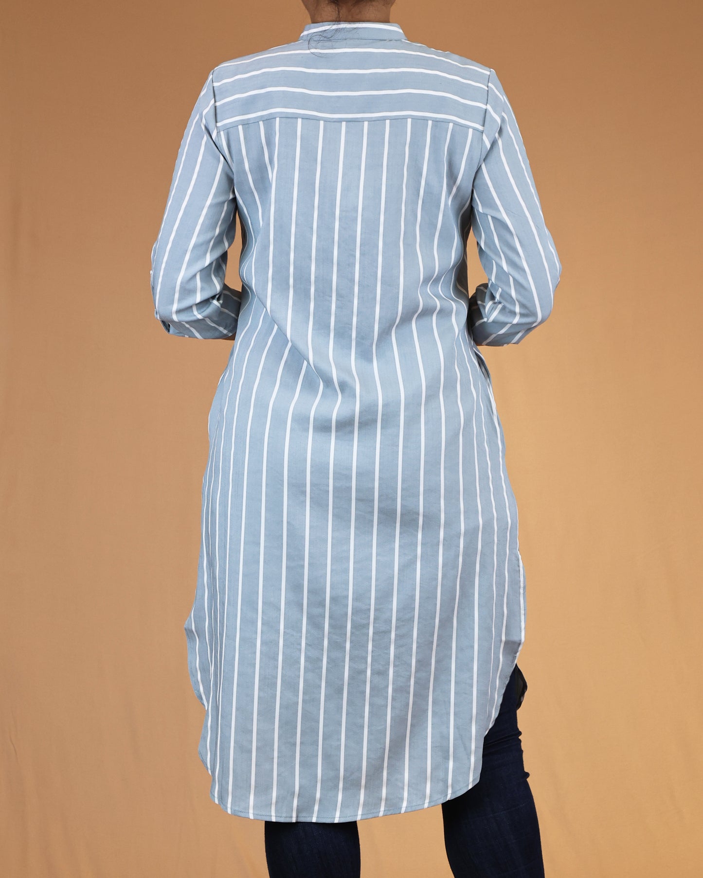 Dusty Blue Striped Buttoned Top with Roll Up Sleeves
