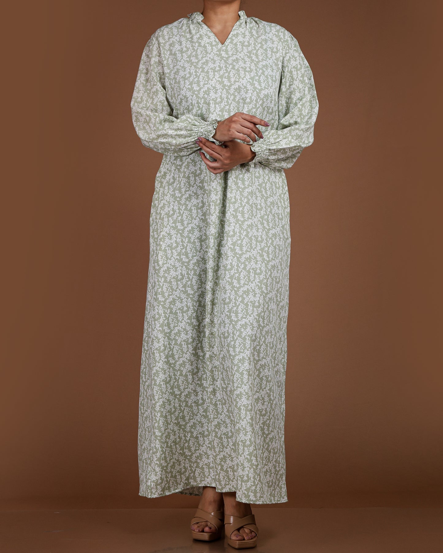 Elegant Printed Linen-Cotton Maxi Dress
