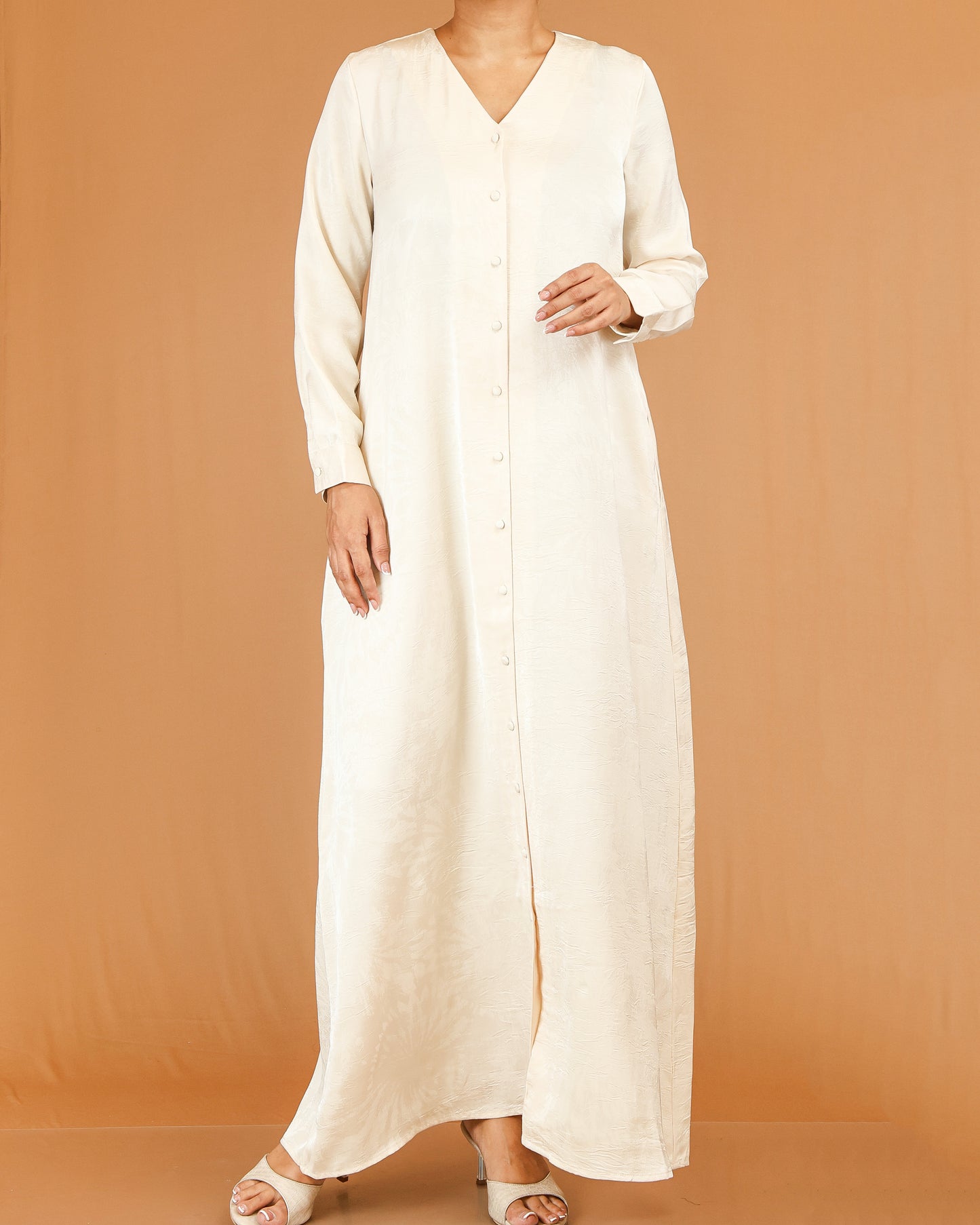 Cream Minimal Button Down Abaya Maxi with V-Neckline