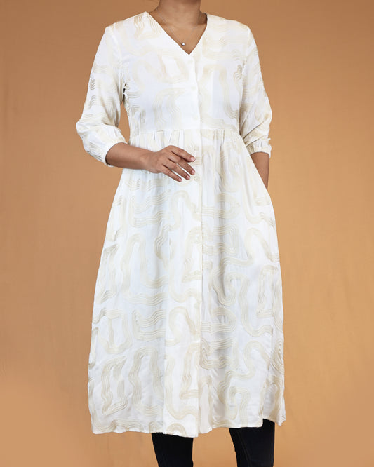 Ivory Sand Embroidered Button-Front Midi Dress