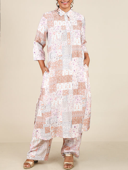 Aurette Blush Peach Patchwork Print Co-Ord Set