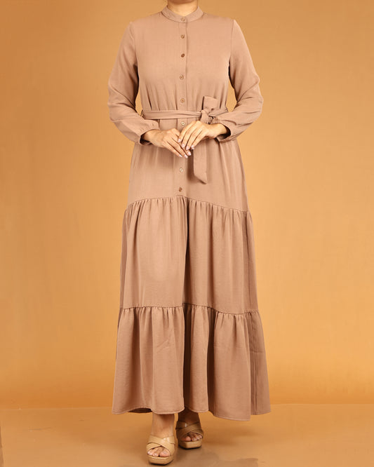 Caramel Mocha Tiered Maxi Dress with Waist Tie Belt